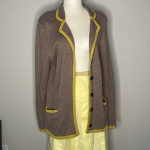 BODEN cashmere/cotton blend button up brown sweater w/mustard trim